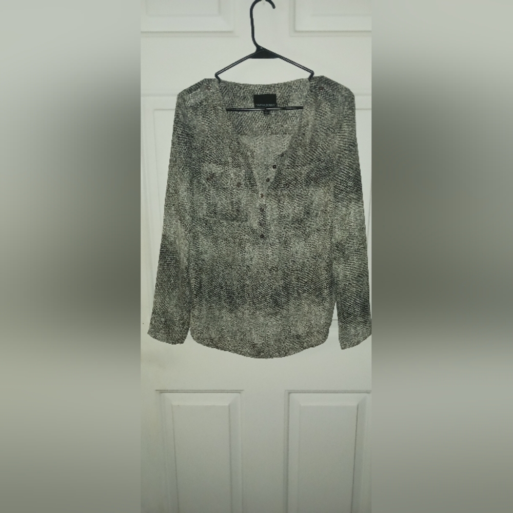 Cynthia Rowley Long Sleeves Vneck Silk Blouse/ Sz S/ Gray Snakeskin Covered